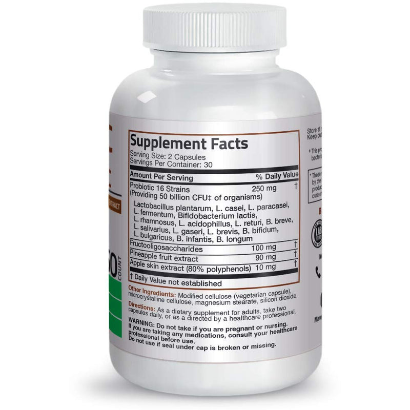 Bronson Probiotic 50 Billion CFU + Prebiotic with Apple Polyphenols & Pineapple Fruit Extract + Vitamin A 10,000 IU Premium Non-GMO Formula