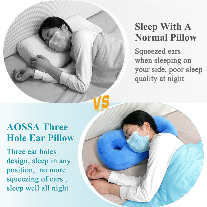 [Australia] - AOSSA Piercing Pillow for Side Sleepers Ear Protector CNH Pillow with Ear Holes for Pressure Sores Ear Pain Relief Headphones Donut Pillow for Head Ear Cushion Side Sleeping Pillow (Blue) 