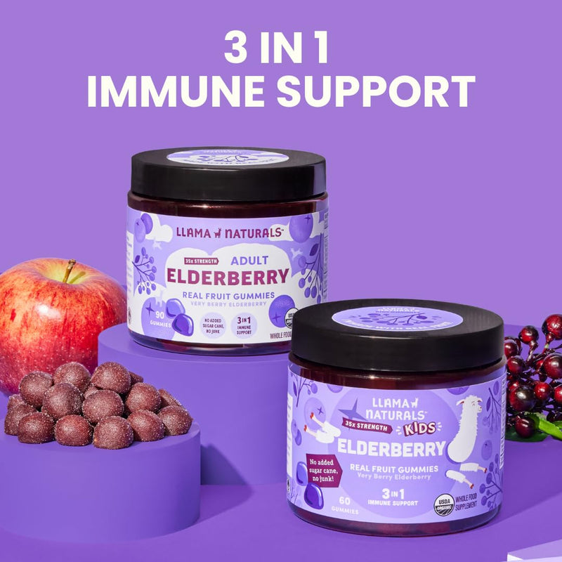 [Australia] - Llama Naturals Elderberry Gummies for Kids, Vegan, Organic Immune Support Supplement with Vitamin C and Zinc, Toddler Real Fruit Gummy Vitamins for Immunity, Chewable, No Added Sugar Cane, 60 Ct Kids Elderberry 60 Count (Pack of 1) 
