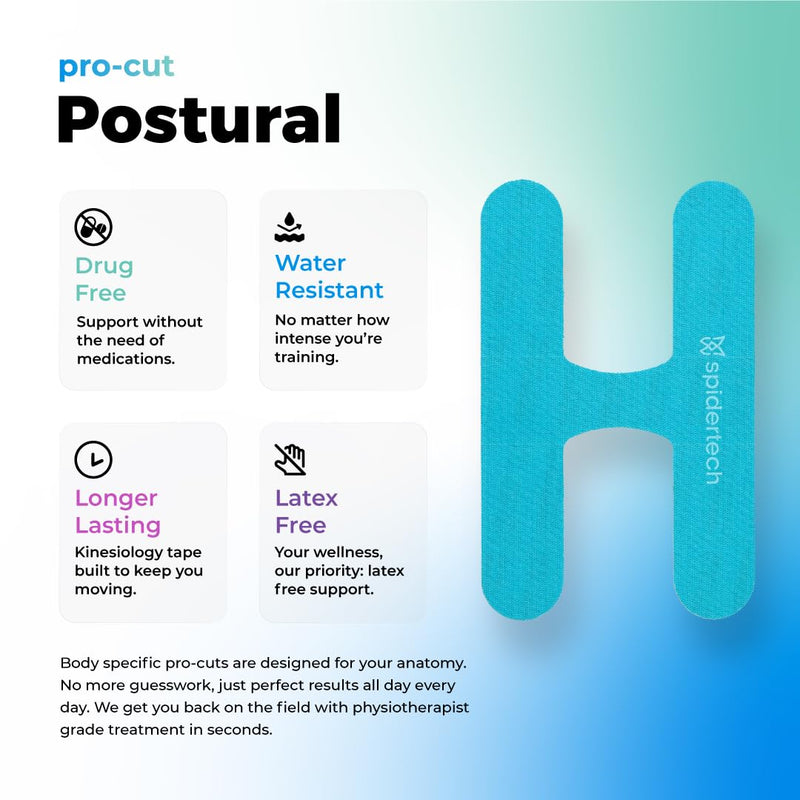 Spidertech Professional Pre-Cut Cotton Kinesiology Tape for Postural Support - for Athletes, Sports Physiotherapists, and Chiropractors, Pain Relief - Blue (4 Pack)