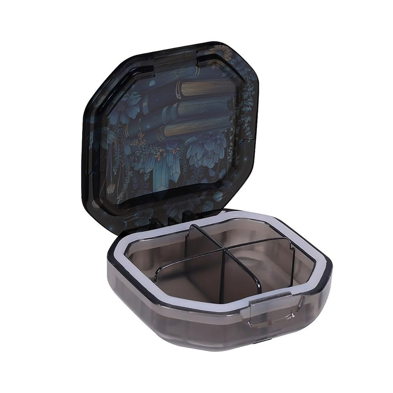 4 Compartment Books Blue Crystal Flowers Travel Pill Organizer, Watertight Portable Daily Pill Box for Vitamins, Fish Oil, Medicine & Small Items - BPA-Free Food Grade Material 4 Compartment