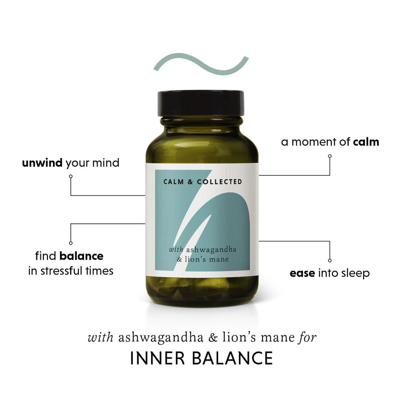 Ashwagandha & Lion’s Mane Supplement – Calm & Collected 60 Capsule Jar - Ashwagandha Capsules High Strength - Lion’s Mane Capsules - Natural Stress & Anxiety Support - Calming Tablets for Adults