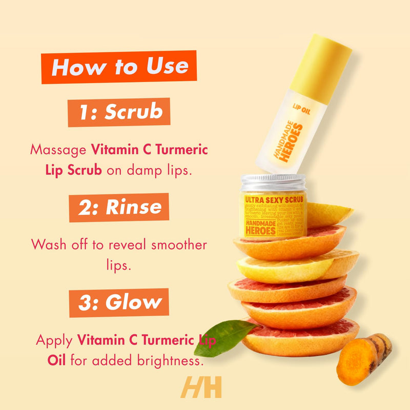 Handmade Heroes Turmeric Lip Scrub & Vitamin C Lip Oil Set | Brightening & Nourishing Treatment Duo, 100% Natural, Vegan Lip Care Set for Dry, Dark, Dull Lips, Gift Set
