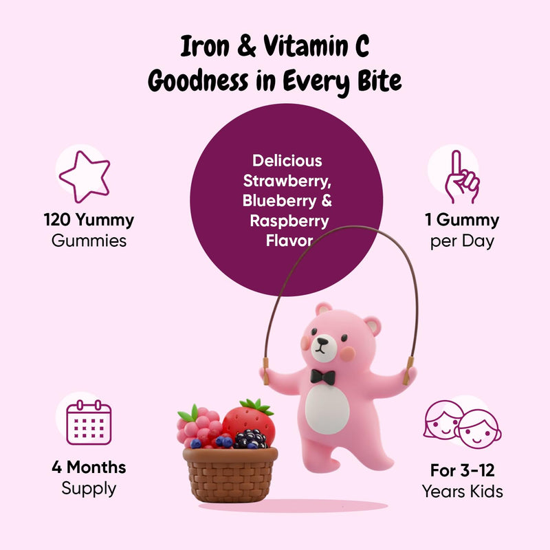 maxmedix Kids Iron with Vitamin C Gummies 120 Ct | Supports Iron Deficiency, Blood, Energy & Immune Health (4 Month Supply), 7mg Fe + 10mg Vit C | Pectin-Based Kids Iron Supplement, Vegan, Mixed Berry