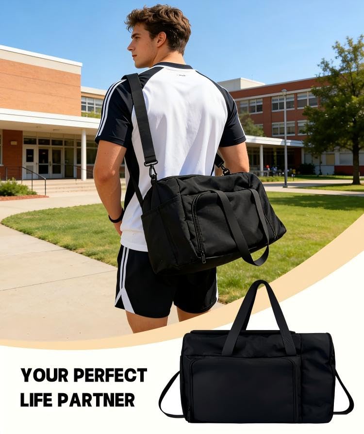 SSZYace Black Travel Bag, Waterproof Duffel Bag with Separate Shoe Compartment, Laptop Sleeve, Luggage Strap & Front Waterproof Pocket for Wet Clothes