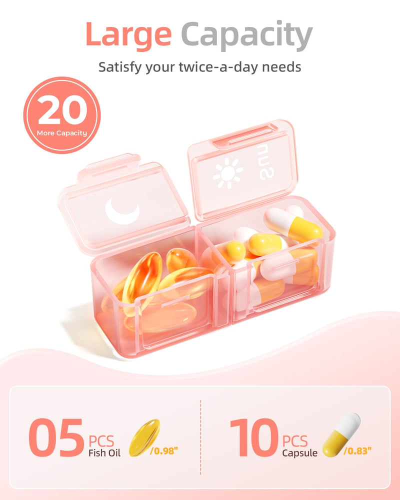 Betife AM PM Pill Organizer 2 Times a Day, 7 Day Pill Box - Pink | Removable AM/PM Daily Cases; Roomy for Fish Oil and Vitamins; Sturdy ABS Shell with Moisture-Resistant Silicone Protection.