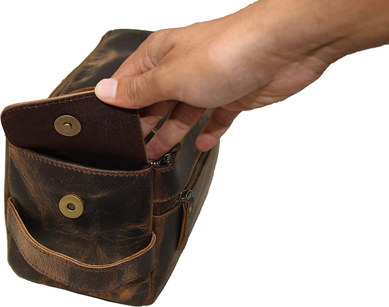 Men's Genuine Leather Toiletry Bag Waterproof Dopp Kit Shaving Bags And Grooming For Travel Groomsmen Gift Men Women Hanging Zippered Makeup Bathroom Cosmetic Pouch Case Make Up kit