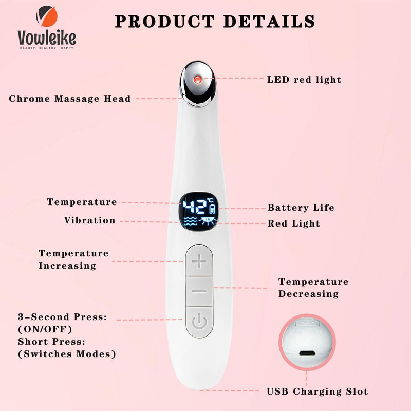 Eye Lift Wand, 3 in 1 Vibrating Red Light 98°F to 113°F LCD Display Eye Massager for Dry Eyes, Dark Circles and Puffiness, Electrical Face, Neck Sculpting Pen for Fine Lines and Wrinkles White