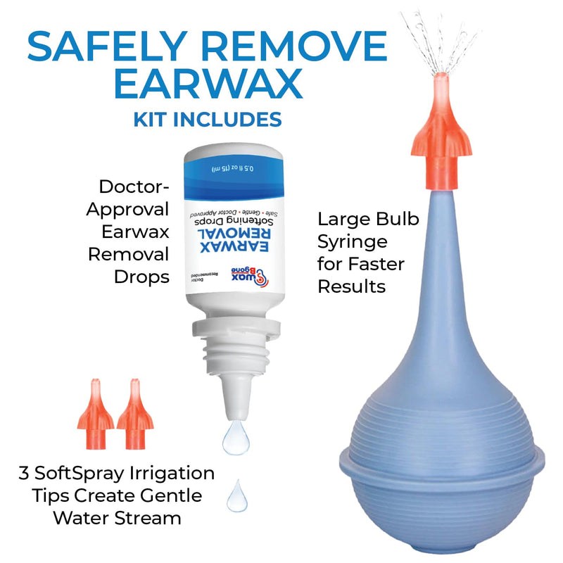 [Australia] - WaxBgone Earwax Removal Kit with Drops, Large 2-oz Ear Bulb Syringe & 3 SoftSpray Tips - Safe & Effective Ear Cleaning Kit - Wax Softening Formula Dissolves Earwax with Gentle Foaming Action - 0.5 Oz 3 Tips 