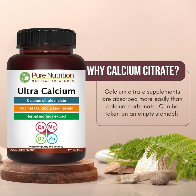 Pure Nutrition Ultra Calcium 1000mg with VIT D3 + K | 120 Tab | Highly absorbable Supplement with Calcium Citrate Malate, VIT D3, K, Moringa Oleifera, Magnesium and Zinc. 120 count (Pack of 1)