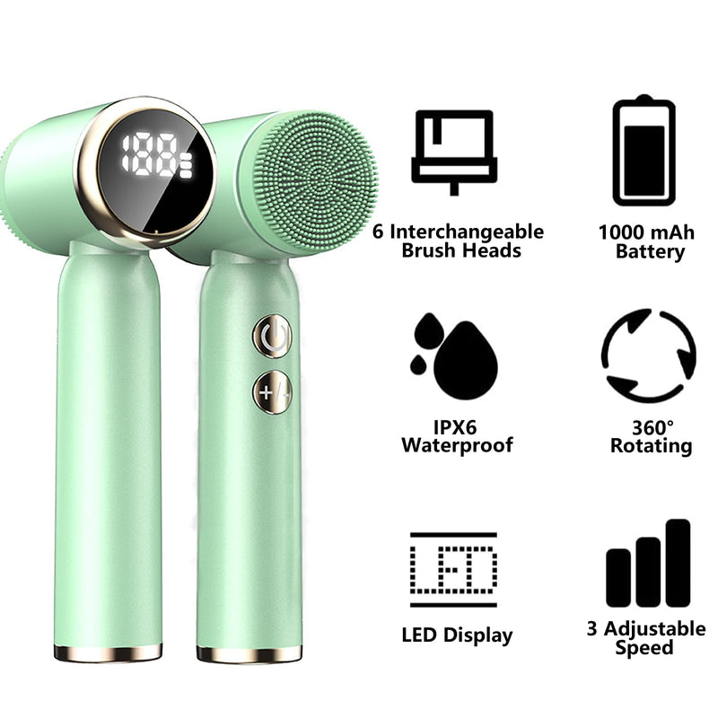 [Australia] - Facial Cleansing Brush, 6 in 1 Electric Face Scrubber with 6 Brush Heads and 3 Spin Speeds for Deep Cleansing, Waterproof Rechargeable Face Brushes for Dry Oily Sensitive Skin (Green) 