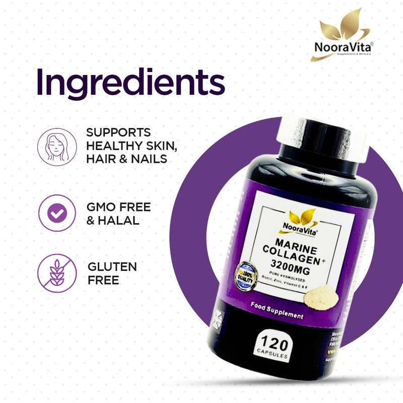 Marine Collagen Plus 3200MG. 120 Capsules – a Premium Blend of Pure Hydrolysed Marine Collagen, Fortified with Biotin, Zinc, Vitamin C & E. Gluten Free, GMO Free and Halal.