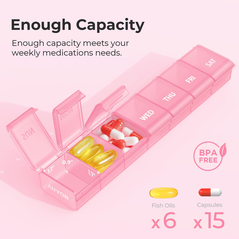 [Australia] - AUVON Weekly Pill Organizer with Effortless Opening Design, Arthritis Friendly Pill Box, BPA-Free Pill Organizer 7 Day, Cute & Portable Pill Case for Vitamins, Supplements and Medications A-pink M (Hold 6 Fish Oils) 