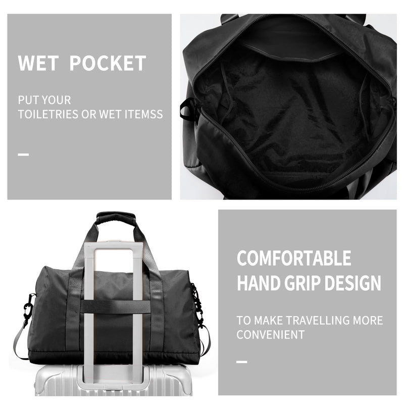 Travel Duffle Bag,Sport Gym Bag for Men And Women with Wet Pocket,Weekender Bag Carry On Tote Bags for Airplane (Black, M) Black