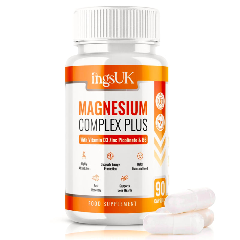 Magnesium Complex Plus | Bisglycinate-Glycinate, Malate, Citrate, High Strength Capsules with Zinc Picolinate, Vitamin D3, B6 Pyridoxine | 90 Capsules, 375mg Elemental Magnesium Supplements | IngsUK