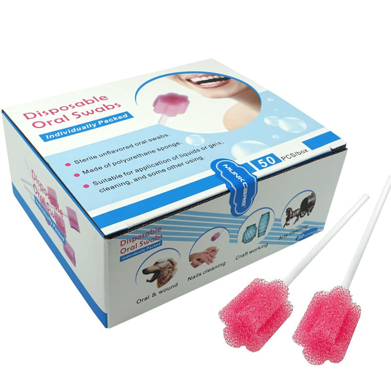 Disposable Oral Foam Swab with Mint Flavored, Individually Wrapped, Red, Box of 50 Counts
