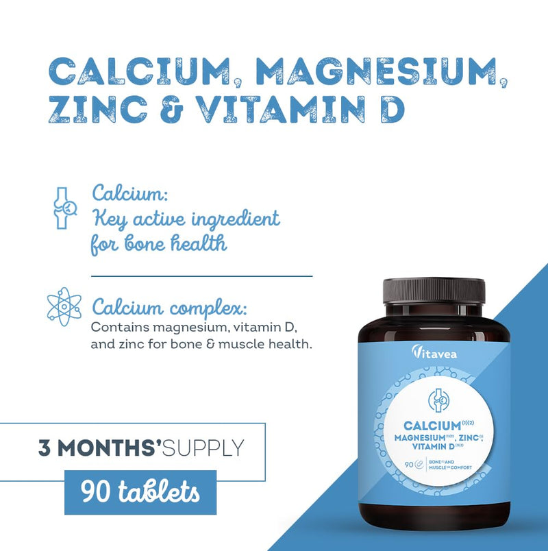 Calcium with Magnesium, Zinc & Vitamin D - 90 Tablets for 3 Months - Bone, Muscle & Immune Support - Energy & Metabolism Boost - Gluten & Lactose Free - High Strength Supplement - Vitavea