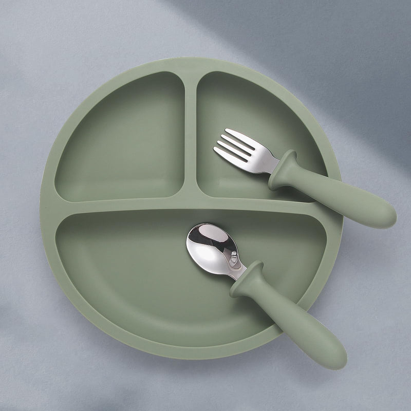 [Australia] - Baby Feeding Set, 2 Pack Silicone Divided Suction Plates for Baby, 2 Pack Spoons and Forks Set, BPA Free, Baby Led Weaning Supplies for Toddler Utensils 