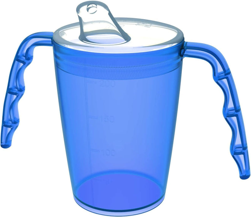 Two handled adult drinking cup 220 ml Blue with spouted lid small opening plastic mug for enhanced ergonomics, mug for secure grip even with shaky hands drinking aid, cup for the care, feeding cup