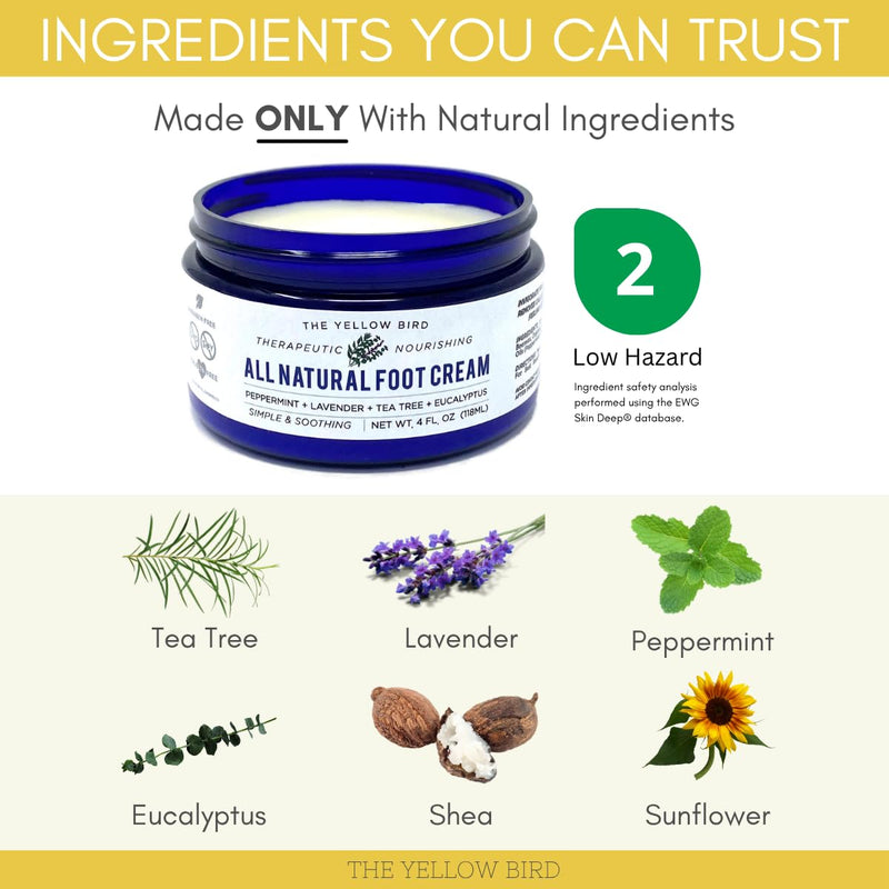All Natural Foot Cream for Cracked Heels & Dry Feet – USA Made Organic Foot Balm for Callus Softening – Hydrating Foot Care Moisturizer with Peppermint, Tea Tree, Lavender & Eucalyptus 4 Fl Oz (Pack of 1)