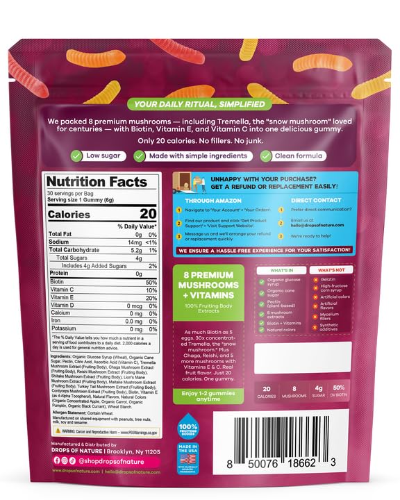 Drops Of Nature Beauty Mushroom Gummies with Biotin - Mixed Fruits, 30 ct | 11-in-1 Superfood Mushrooms with Biotin, Vitamin E & Vitamin C, Hair Skin & Nail Health Support, Vegan, Gelatin-Free