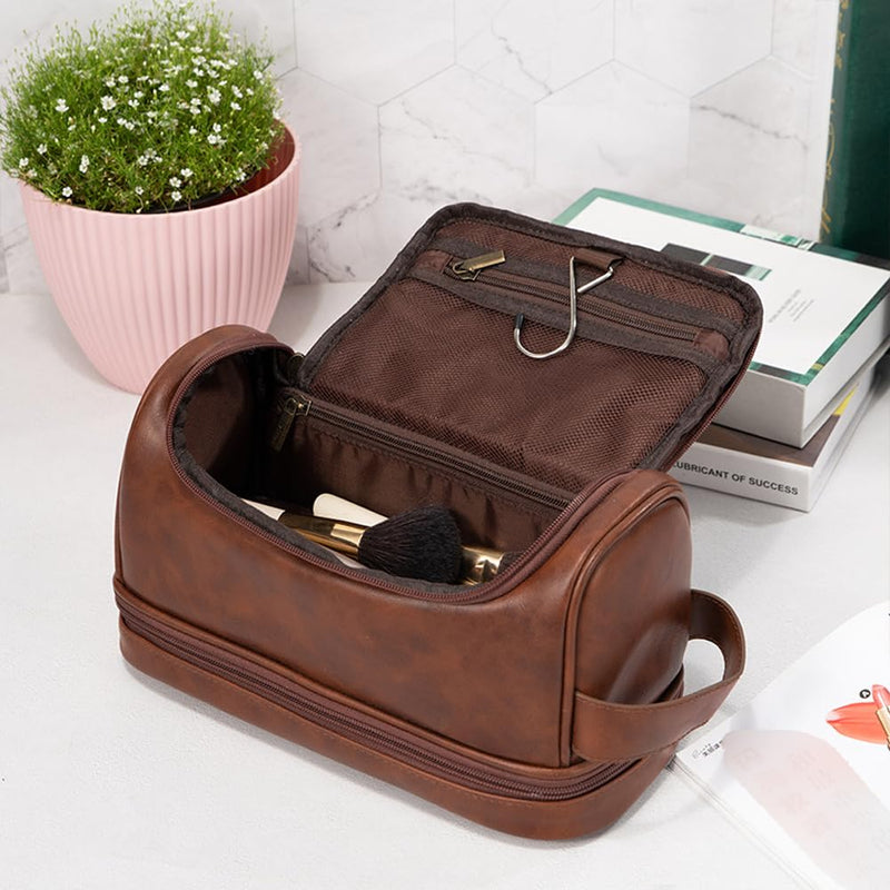 Toiletry Bag for Men Leather Travel Organizer Shaving Dopp Kit with hanging hook, Large Water-resistant Toiletries Bathroom Shaving Bags for Women redbrown