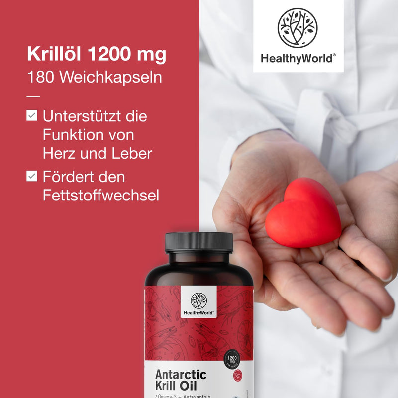 [Australia] - HealthyWorld® Krill Oil 1200 mg - 180 soft capsules - Omega-3 + Astaxanthin - Without gluten, lactose and artificial flavors - 3-month supply - Supports heart and circulatory function 