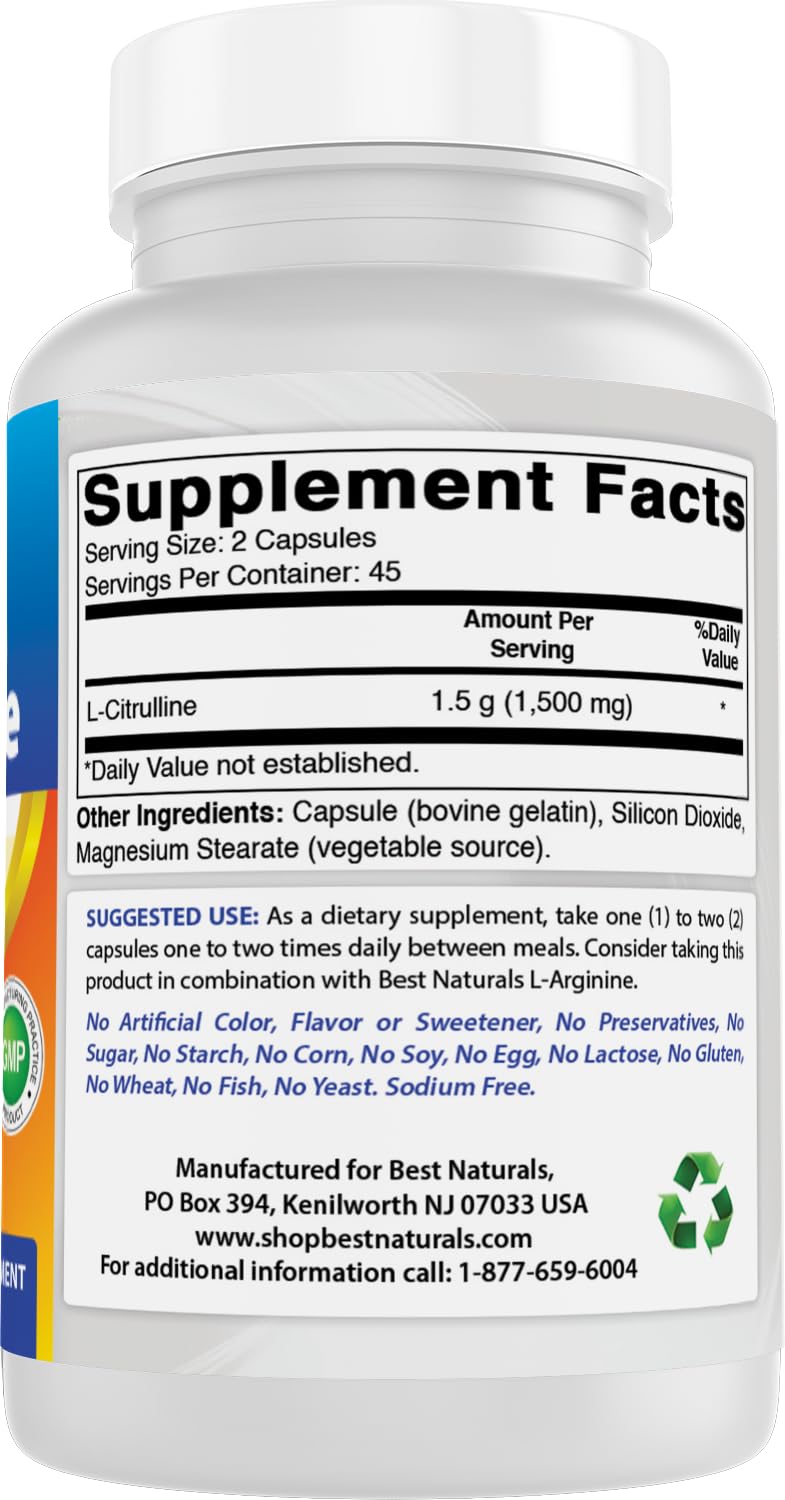 Best Naturals L-Citrulline Capsules - 1500mg/Serving - Non-GMO - Gluten Free - 90 Capsules (90 Count (Pack of 1)) 90 Count (Pack of 1)