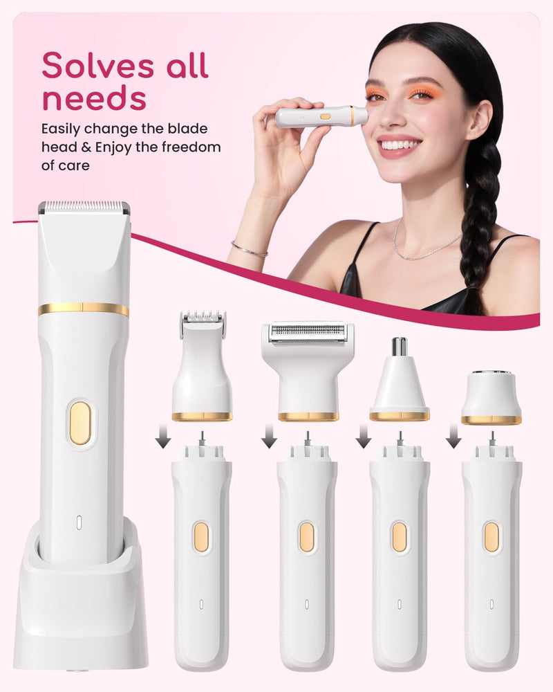 Bikini Trimmer for Women - 5 in 1 Electric Razors for Ladys Pubic Facial Nose Body Leg Hair Removal, Waterproof Electric Shaver for Women Private Area Sensitive Skin, Personal Hair Trimmer White