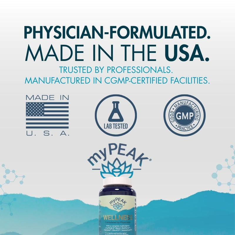 myPEAK Wellness Award-Winning Vegan Multivitamin with ElevATP Ancient Peat Extract, Natural Astaxanthin, Iron, Resveratrol and Alpha GPC, Immunity Booster, All-in-One for Men and Women, 90 Count
