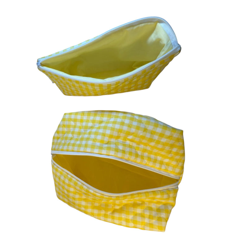 Set of 2 Handmade Quilted Cosmetic Bags – Yellow Gingham Cotton with Zipper, 7x8x3.5” and 9.5x4.5x2.5”