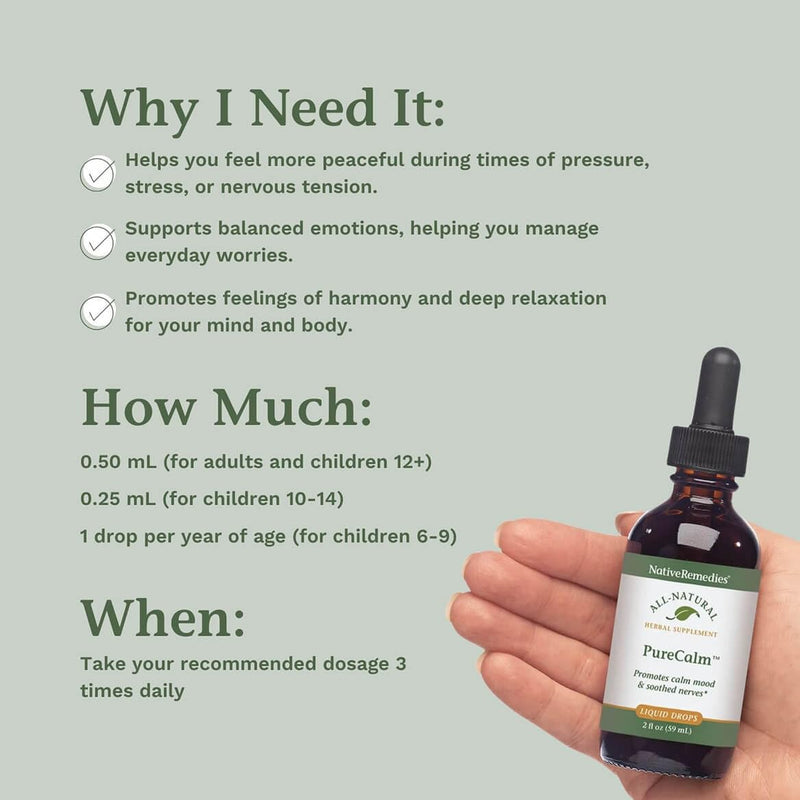 Native Remedies PureCalm - All Natural Herbal Supplement Promotes | Feelings of Calm During Times of Pressure, Stress or Nervous Tension - 59mL 2 Fl Oz (Pack of 1)