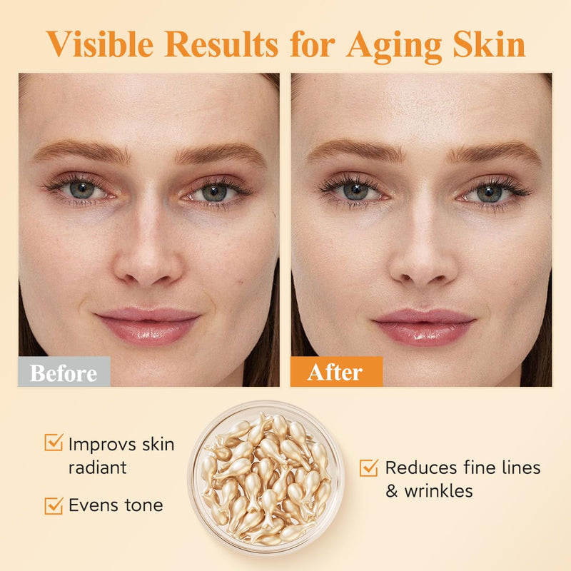 HKH Vitamin C Serum For Face: 76 Capsules Anti-Aging Wrinkles With Vit C & Vitamin E Serum For Women Over 30+ - Reducing Fine Lines - Smoothing & Firming Skin - Travel Friendly（38+38Ct） 2 Pack Vitamin C