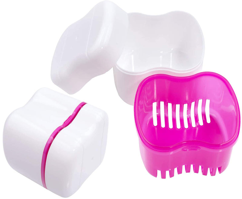 [Australia] - Denture Case,Denture Cups Bath, Toothbrush with hard denture, Dentures Container with Basket Denture Holder for Travel,Mouth Guard Night Gum Retainer Container (Pink) 