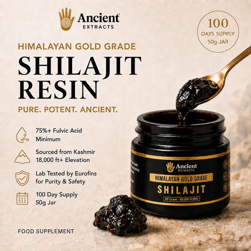 Ancient Extracts Shilajit Resin | Gold Grade – 75% Fulvic Acid | 100 Days Use | Energy, Focus, Recovery & Hormone Support | 85+ Trace Minerals | Tested for Purity & Safety | Kashmir Himalayas