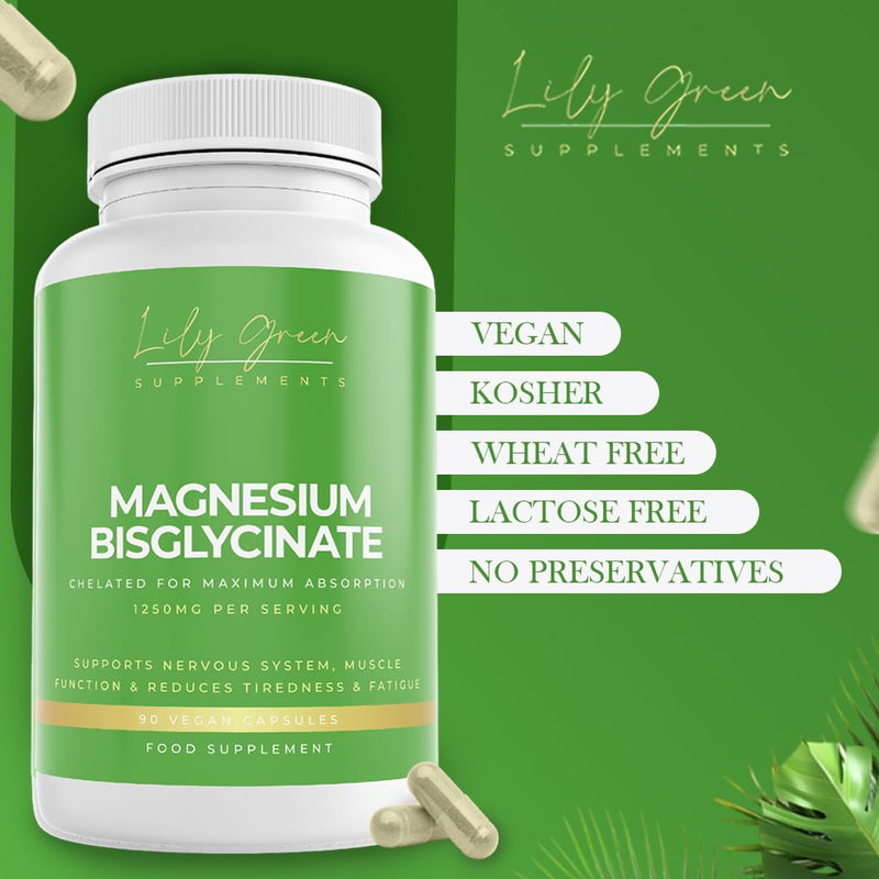 Lily Green Magnesium Bisglycinate Capsules | 1250mg Per Serving of Bioactive Glycinate | Magnesium Supplements for Sleep, Calmness, Psychological & Muscle Function | 90 Capsules | Made in UK