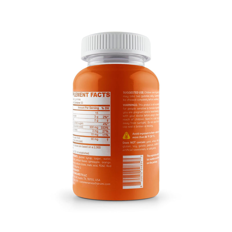Dr. SImi Kids Zinc + Beta-Glucan + Vitamin C Gummies Immune Support for Kids 4+ | Pineapple, Orange, Lemon & Strawberry Flavors | Vegan, Non-GMO