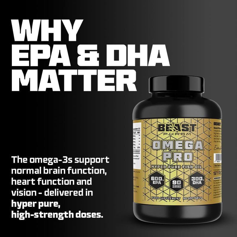 Beast Pharm Omega 3 Capsules High Strength 1000mg per Capsule - 90 Softgels, 3 Month Supply - Omega 3 Fish Oil Triple Strength Supplements 600mg EPA, 300mg DHA 90 count (Pack of 1)