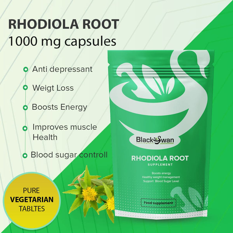 Black Swan Rhodiola Root Capsules - 1000mg Enhanced Energy Level Immune System Support Weight Management Muscle Support Natural Vegan Supplement - 120 Capsules 4 Month Supply