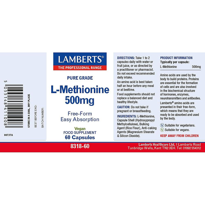 Lamberts L-Methionine 500mg – Free Form Amino Acid – Maximum Absorbtion - 60 Capsules - Vegan