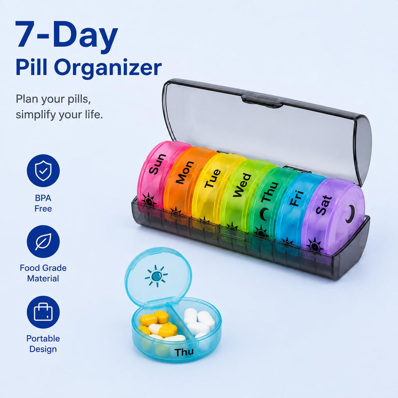7-Day Travel Pill Organizer, 14 Compartments, Moisture-Proof, Black with Rainbow Lids, AM PM Pill Box for Vitamins, Medication & Supplements