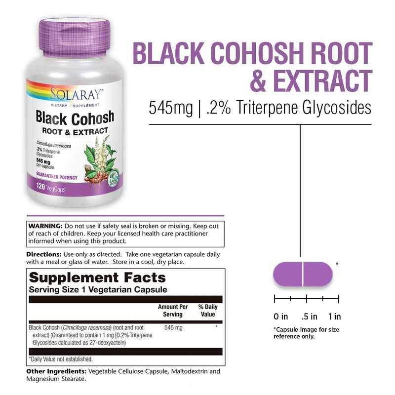 [Australia] - Solaray Black Cohosh Root & Extract 545mg | Womens Health & Menopause Support Supplement | Non-GMO | 120 VegCaps 120 Count (Pack of 1) 