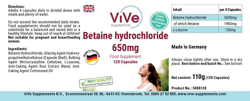 [Australia] - Betaine hydrochloride 650 mg - 120 capsules for 1 month - 76% betaine - high dosage and vegan | Quality from Germany from ViVe Supplements 