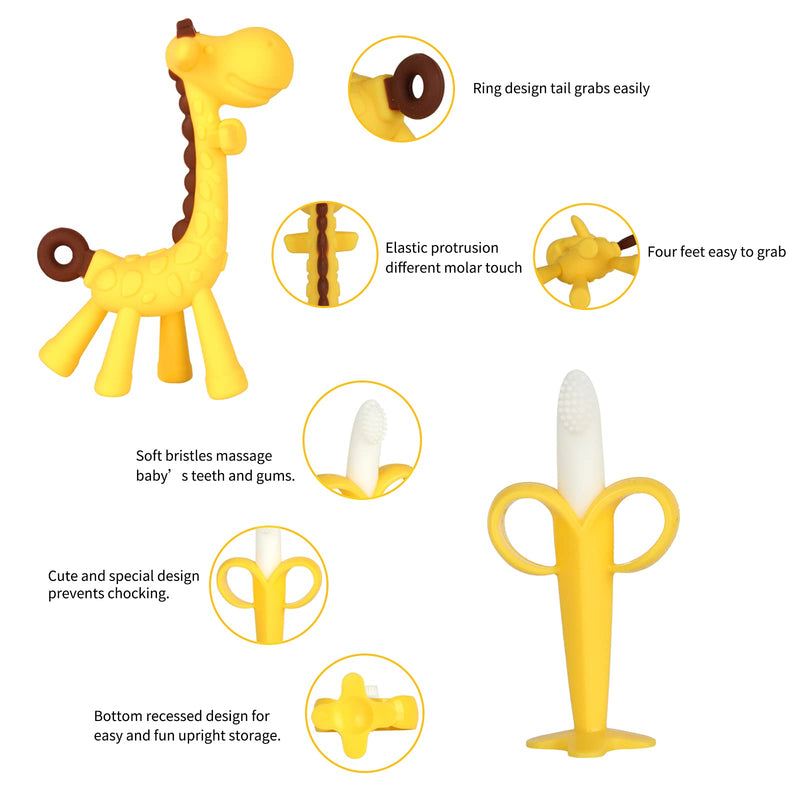 [Australia] - Baby Teething Toys 3-6 Months, Silicone Baby Teether Freezer BPA Free, Babies Teething Relief Sore Gums, Banana Finger Toothbrush, Fruit Shape Giraffe Teether for Infant Boys and Girls 