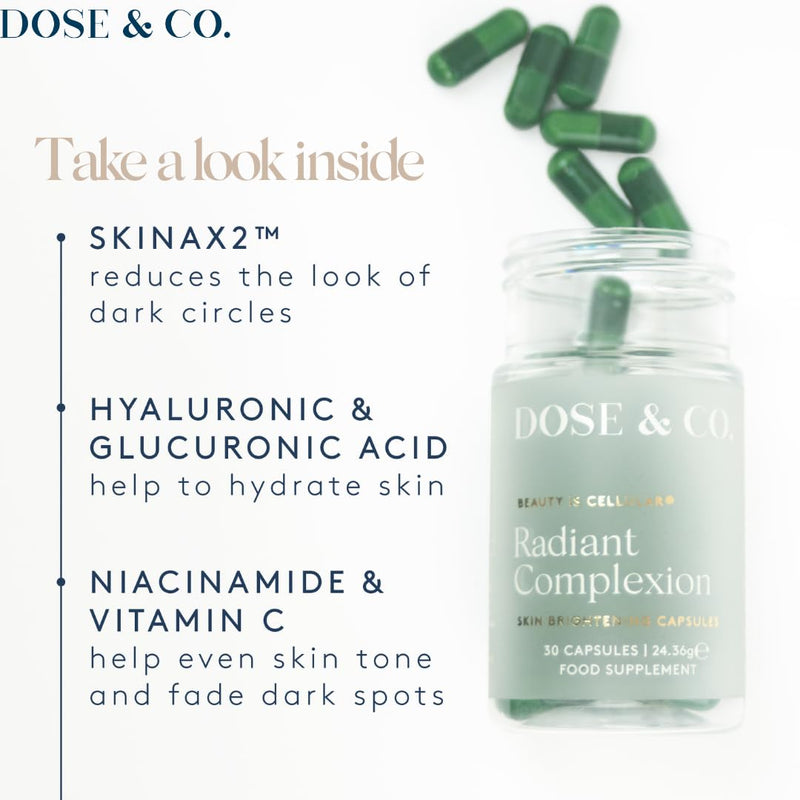Dose & Co Radiant Complexion Capsules – 30 Capsules | Hyaluronic Acid + SkinAx2™, Vitamins & Zinc | Supports Skin Radiance, Hydration & Elasticity | Vegan, Gluten-Free Daily Skin Supplement