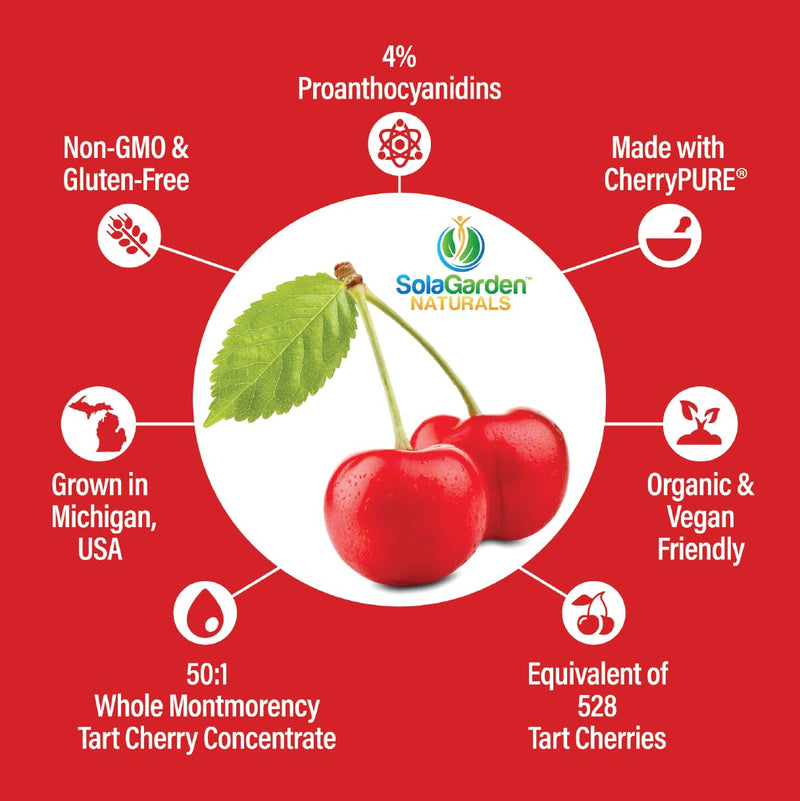 [Australia] - Super Strength Organic Montmorency Tart Cherry Supplement – 50:1 Concentrate Grown in The USA - Contains Certified Organic CherryPURE – by SolaGarden Naturals. 60 Non GMO Veggie Capsules. 