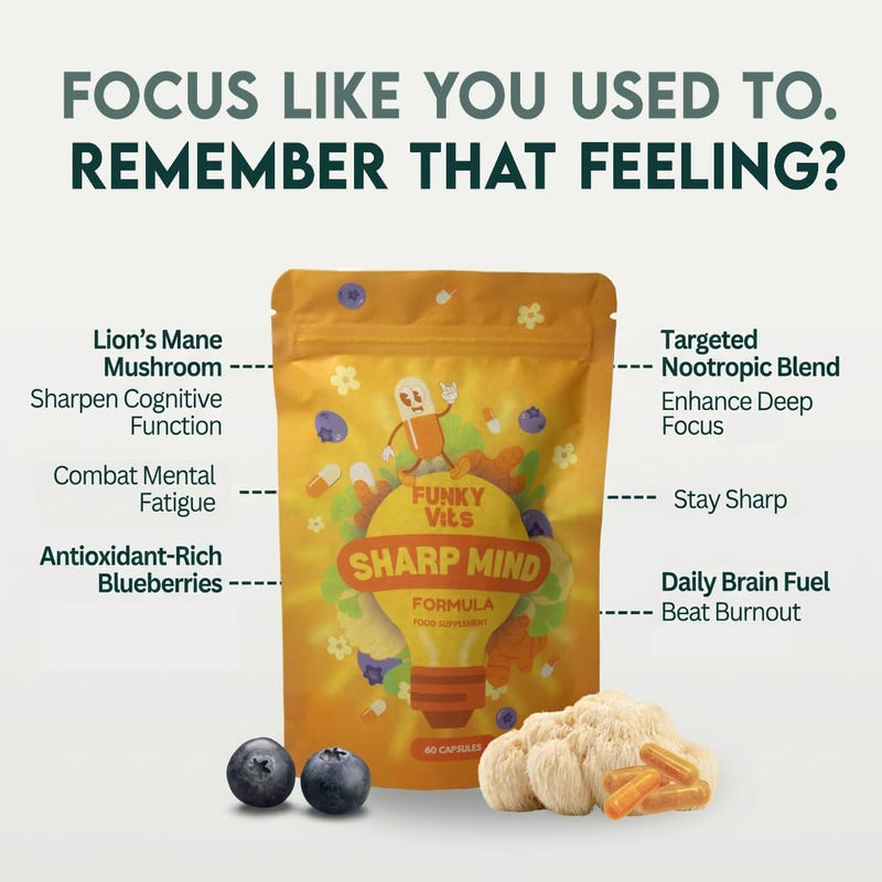 Focus & Clarity Support Capsules | B Vitamins, Zinc | Daily Mental Performance Support | Vegan UK Made | 60 Capsules | Funky Vits Sharp Mind