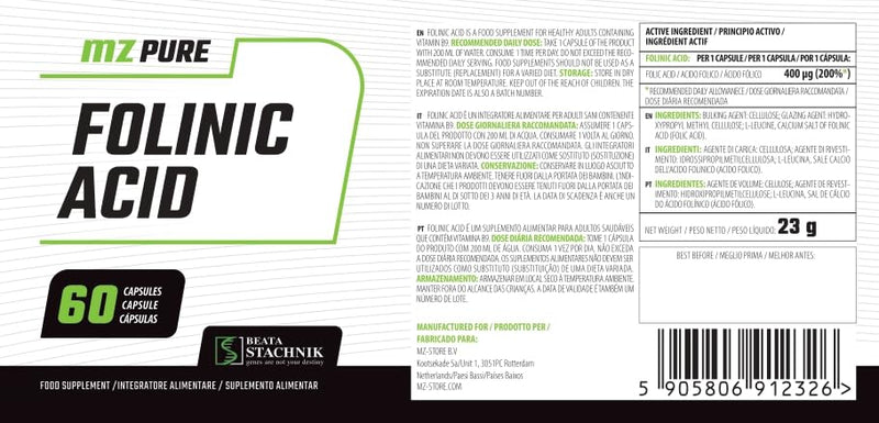 Folinic Acid - 400 mcg Vitamin B9 per Capsule – 60 Vegan Capsules - Calcium Salt Form - Supports Homocysteine Metabolism, Immune Function & Energy - Clean, Filler-Free Formula - by MZ