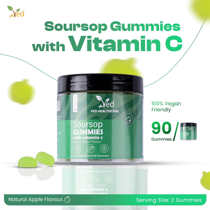 VED Soursop Gummies, 90 Vegan Apple Flavor Gummies with Soursop Leaf & Fruit Extract, Vitamin C & Magnesium, Gluten Free.