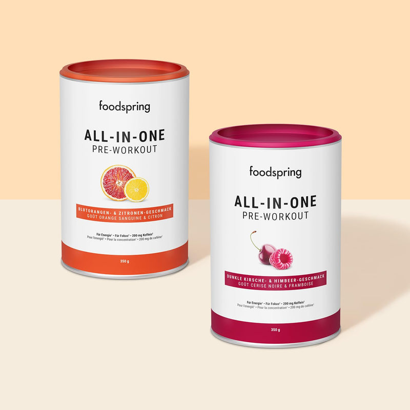 [Australia] - foodspring All-in-One Pre-Workout Booster for Energy & Focus - 200mg Caffeine Per Serving & Sugar Free - with EnXtra, Taurine, Citrulline, B6, B8, Choline & Ashwagandha (350g | Dark Cherry & Dark Cherry & Raspberry 